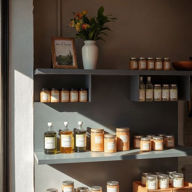 Produtos selecionados dispostos em uma prateleira cinza-ardósia no ateliê Craftfieldv